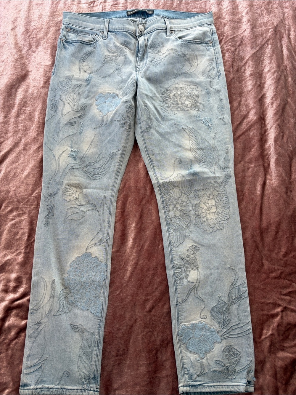 Express Light Blue Skinny Jeans with Subtle Floral Embroidery 12R